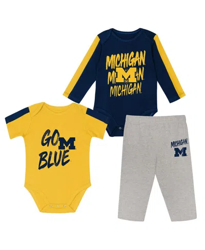 Outerstuff Kids' Baby Boys And Girls 3-piece Navy/maize Michigan Wolverines Double Down Creeper And Pants Set In Multi