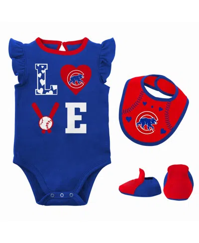 Outerstuff Kids' Baby Boys And Girls 3-piece Royal/red Chicago Cubs Love Of Baseball Bib Bodysuit And Booties Set In Blue