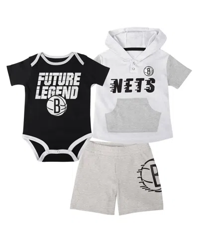 Outerstuff Baby Boys And Girls 3-piece Black/white Brooklyn Nets Bank Shot Bodysuit, Hoodie, T-shirt And Shorts