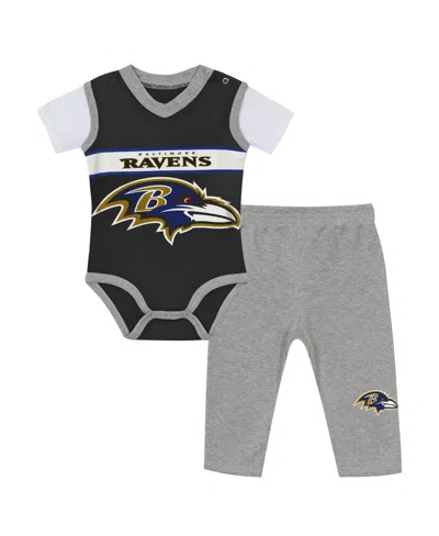 Outerstuff Baby Boys' And Girls' Baltimore Ravens Screen-printed V-neck Bodysuit And Pants, 2-piece Set In Black