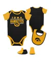 OUTERSTUFF BABY BOYS AND GIRLS BLACK IOWA HAWKEYES HOME FIELD ADVANTAGE THREE-PIECE BODYSUIT, BIB AND BOOTIES S