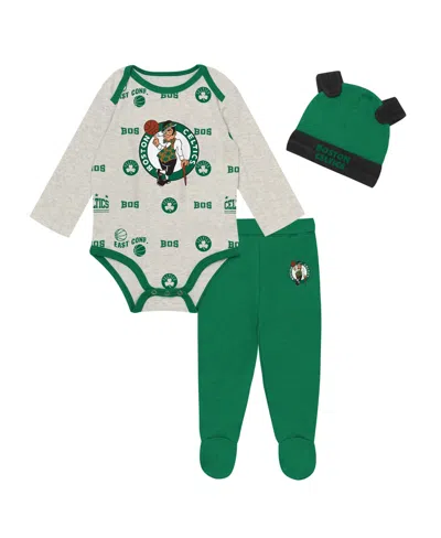 Outerstuff Kids' Baby Boys And Girls Boston Celtics Pinch Post Bodysuit, Pants Cuffed Knit Hat Set In Green