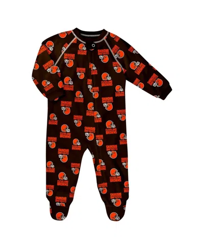 Outerstuff Kids' Baby Boys And Girls Brown Cleveland Browns Allover Print Raglan Full-zip Sleeper In Black