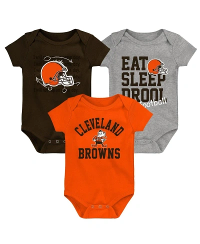Outerstuff Baby Boys And Girls Brown, Orange, Heather Gray Cleveland Browns Three-pack Eat, Sleep And Drool Ret In Brown,orange,heather Gray