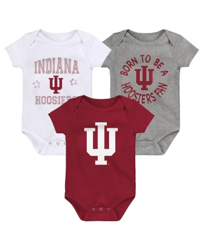 Outerstuff Baby Boys And Girls Crimson, White, Heather Gray Indiana Hoosiers 3-pack Born To Be Bodysuit Set In Crimson,white,heather Gray