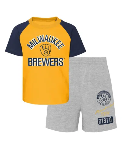 OUTERSTUFF BABY BOYS AND GIRLS GOLD, HEATHER GRAY MILWAUKEE BREWERS GROUND OUT BALLER RAGLAN T-SHIRT AND SHORTS