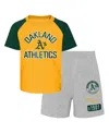OUTERSTUFF BABY BOYS AND GIRLS GOLD, HEATHER GRAY OAKLAND ATHLETICS GROUND OUT BALLER RAGLAN T-SHIRT AND SHORTS