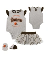 OUTERSTUFF BABY BOYS AND GIRLS HEATHER GRAY, BROWN CLEVELAND BROWNS ALL DOLLED UP THREE-PIECE BODYSUIT, SKIRT A
