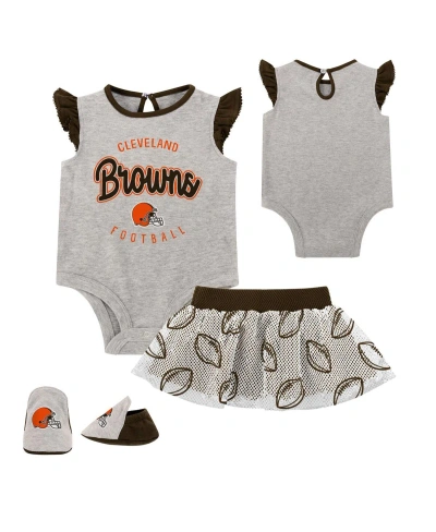 Outerstuff Baby Boys And Girls Heather Gray, Brown Cleveland Browns All Dolled Up Three-piece Bodysuit, Skirt A In Heather Gray,brown