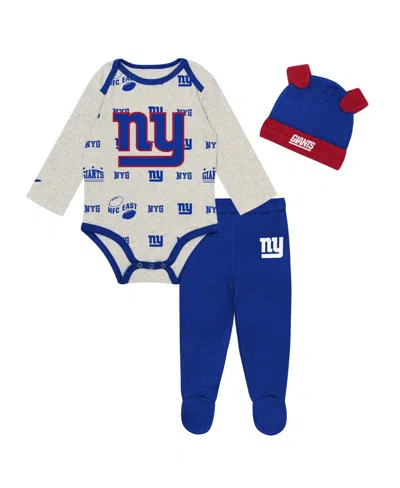 Outerstuff Kids' Baby Boys And Girls Heather Gray New York Giants Huddles Giggles 3-piece Pant And Hat Set In Blue