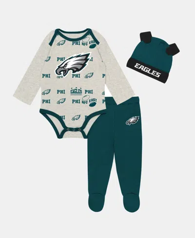 Outerstuff Kids' Baby Boys And Girls Heather Gray Philadelphia Eagles Huddles Giggles 3-piece Pant And Hat Set In Multi