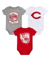 OUTERSTUFF BABY BOYS AND GIRLS HEATHER GRAY, RED, WHITE CINCINNATI REDS MINOR LEAGUE PLAYER THREE-PACK BODYSUIT