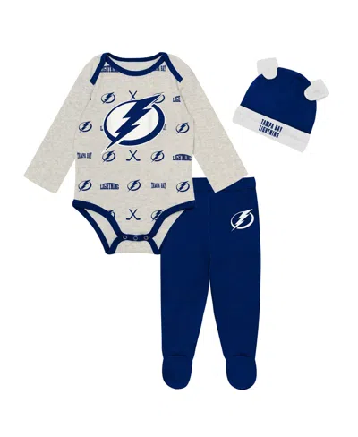 Outerstuff Kids' Baby Boys' And Girls' Heathered Bone Tampa Bay Lightning Huddles And Giggles Set, 3-piece In Blue