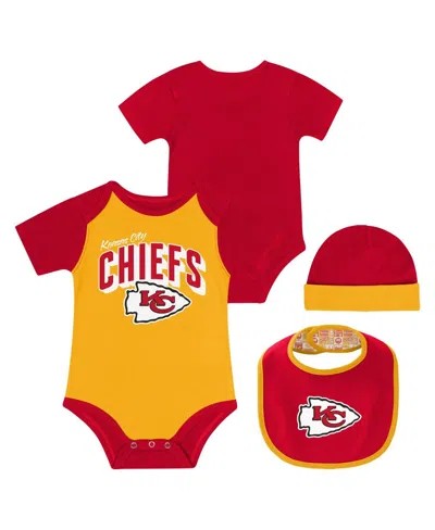 Outerstuff Baby Boys And Girls Kansas City Chiefs Dynamic Duo Bodysuit, Bib Knit Hat Set In Red