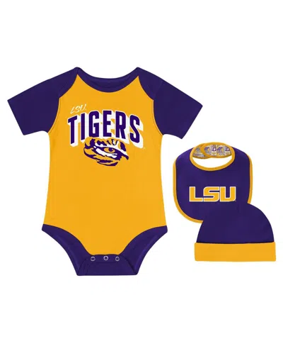 Outerstuff Baby Boys And Girls Lsu Tigers Dynamic Duo Bodysuit, Bib And Cuffed Knit Hat Set In Brown