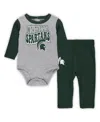 Outerstuff Baby Boys And Girls Michigan State Spartans Double Up Long Sleeve Bodysuit Pant Set, 2-piece In Heather Gray,green
