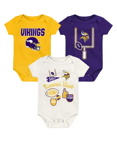 Outerstuff Baby Boys And Girls Minnesota Vikings Littlest Player Short-sleeve Screen-print Bodysuit, 3-pack In Multi