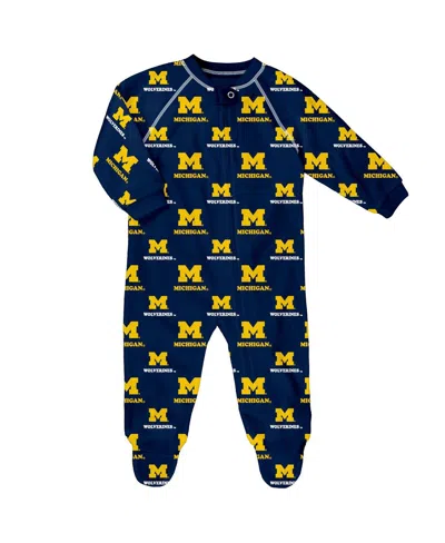 Outerstuff Kids' Baby Boys And Girls Navy Michigan Wolverines All-over Print Raglan Full-zip Coverall In Blue