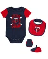 Outerstuff Baby Boys And Girls Navy, Red Minnesota Twins Little Champ Three-pack Bodysuit Bib And Booties Set In Navy,red