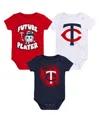 OUTERSTUFF BABY BOYS AND GIRLS NAVY, RED, WHITE MINNESOTA TWINS MINOR LEAGUE PLAYER THREE-PACK BODYSUIT SET