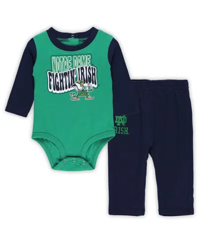 Outerstuff Kids' Baby Boys And Girls Notre Dame Fighting Irish Double Up Long Sleeve Bodysuit Pant Set In Green,navy