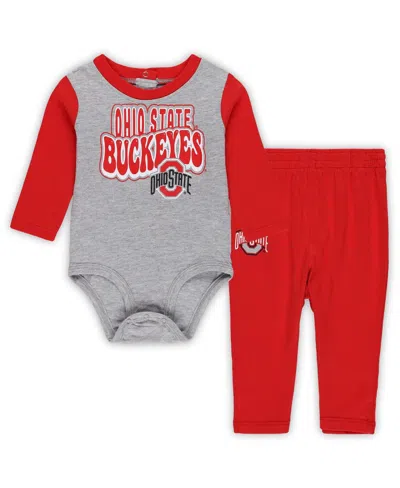 Outerstuff Kids' Baby Boys And Girls Ohio State Buckeyes Double Up Long Sleeve Bodysuit Pant Set In Heather Gray,scarlet