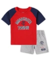 OUTERSTUFF BABY BOYS AND GIRLS RED, HEATHER GRAY MINNESOTA TWINS GROUND OUT BALLER RAGLAN T-SHIRT AND SHORTS SE