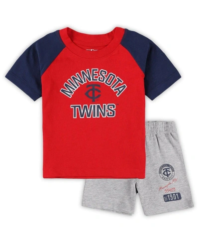 Outerstuff Baby Boys And Girls Red, Heather Gray Minnesota Twins Ground Out Baller Raglan T-shirt And Shorts Se In Red,heather Gray
