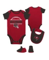 OUTERSTUFF BABY BOYS AND GIRLS RED, PEWTER TAMPA BAY BUCCANEERS HOME FIELD ADVANTAGE THREE-PIECE BODYSUIT, BIB 