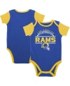 OUTERSTUFF BABY BOYS AND GIRLS ROYAL, GOLD LOS ANGELES RAMS HOME FIELD ADVANTAGE THREE-PIECE BODYSUIT, BIB AND 