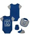 Outerstuff Newborn & Infant Royal/gray Indianapolis Colts Little Champ Three-piece Bodysuit Bib & Booties Set In Royal,gray