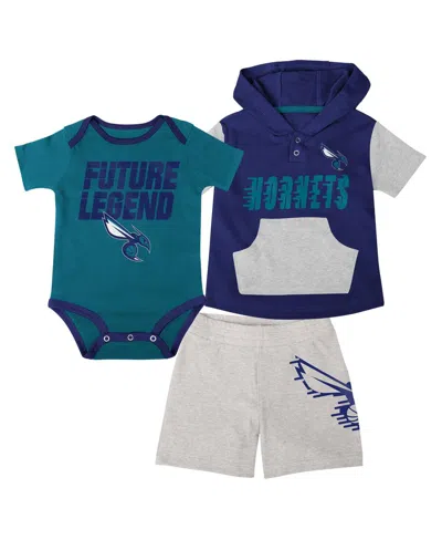 Outerstuff Baby Boys And Girls Teal/purple/gray Charlotte Hornets Bank Shot Bodysuit, Hoodie T-shirt And Shorts In Blue