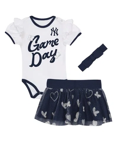 Outerstuff Baby Boys And Girls White/navy New York Yankees Bodysuit, Headband And Skirt Set In Blue