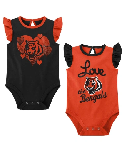 Outerstuff Baby Girls Black, Orange Cincinnati Bengals Spread The Love 2-pack Bodysuit Set In Black,orange