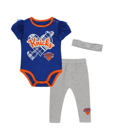 Outerstuff Kids' Baby Girls' Blue/gray New York Knicks Team Heart Bodysuit, Pants Headband Set In Blue,gray