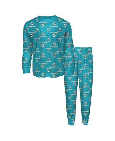 Outerstuff Kids' Big Boys And Girls 2-piece Aqua Miami Dolphins All-over-print Long Sleeve T-shirt And Pants Sleep Se In Blue