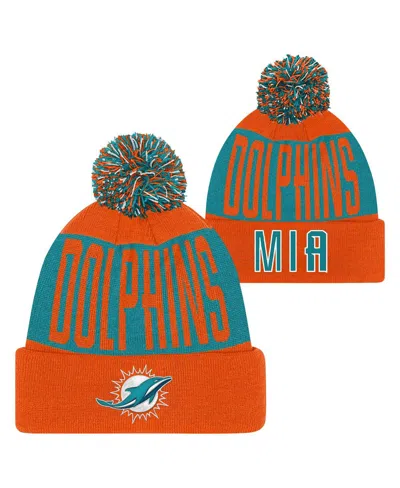 Outerstuff Kids' Big Boys And Girls Aqua/orange Miami Dolphins Bevel Cuffed With Pom Knit Hat