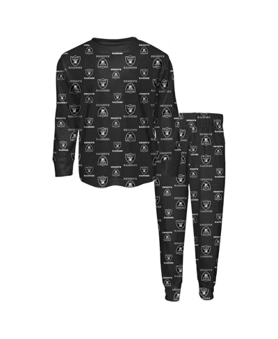 Outerstuff Kids' Big Boys' And Girls' Black Las Vegas Raiders All-over-print Long-sleeves T-shirt And Pants Sleep Set