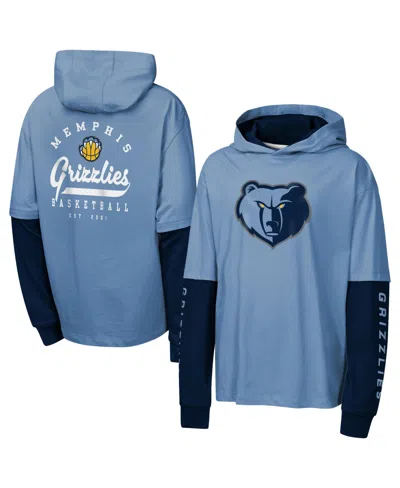 Outerstuff Kids' Big Boys' And Girls' Blue Memphis Grizzlies Double Nickel Oversized Faux 2fer Hooded T-shirt
