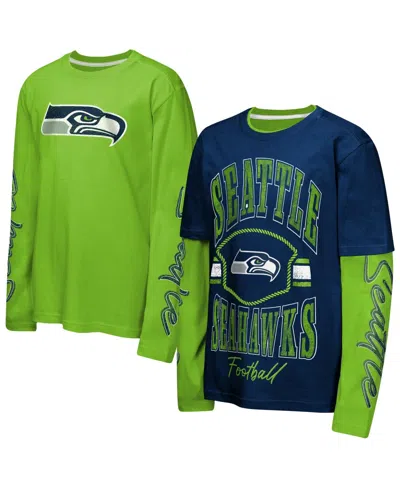 Outerstuff Kids' Big Boys' And Girls' College Navy/neon Green Seattle Seahawks Motion T-shirt Combo Set, 2-piece In College Navy,neon Green