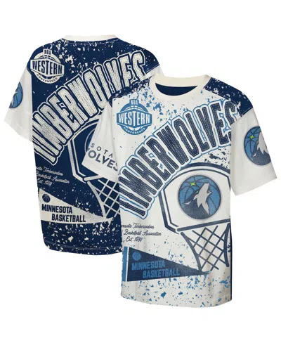 Outerstuff Kids' Big Boys And Girls Cream Minnesota Timberwolves Top Player All-over-print T-shirt In Blue