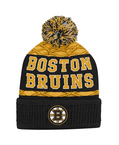 Outerstuff Kids' Big Boys And Girls Gold Boston Bruins Puck Pattern Cuffed With Pom Knit Hat In Black