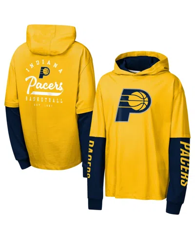 Outerstuff Kids' Big Boys' And Girls' Gold Indiana Pacers Double Nickel Oversized Faux 2fer Hooded T-shirt