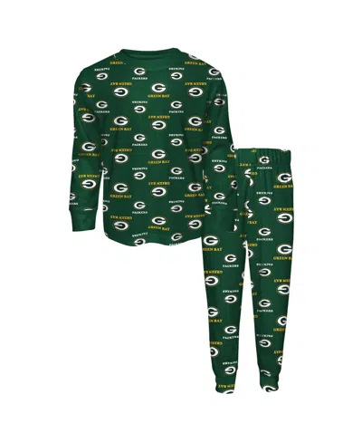 Outerstuff Kids' Big Boys And Girls Green Bay Packers All-over-print Long Sleeve T-shirt And Pants Sleep Set