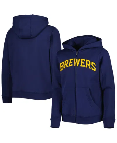 Outerstuff Kids' Big Boys And Girls Navy Milwaukee Brewers Wordmark Full-zip Fleece Hoodie