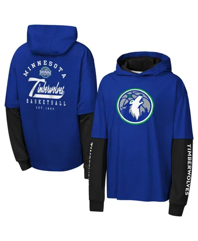 Outerstuff Kids' Big Boys' And Girls' Navy Minnesota Timberwolves Double Nickel Oversized Faux 2fer Hooded T-shirt