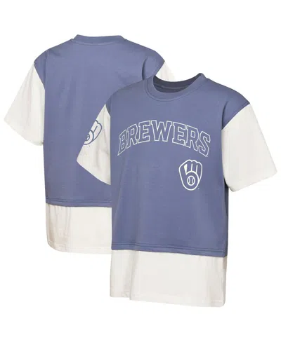 Outerstuff Kids' Big Boys And Girls Navy/cream Milwaukee Brewers Ultimate Pastels Premium Double Run T-shirt In Blue