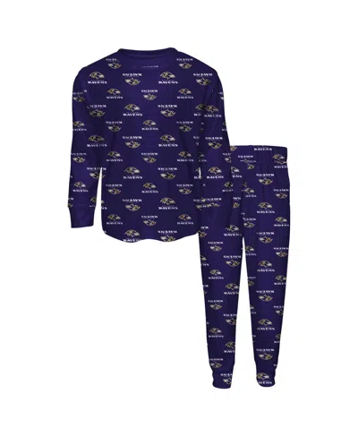 Outerstuff Kids' Big Boys' And Girls' Purple Baltimore Ravens All-over-print Long-sleeves T-shirt And Pants Sleep Set