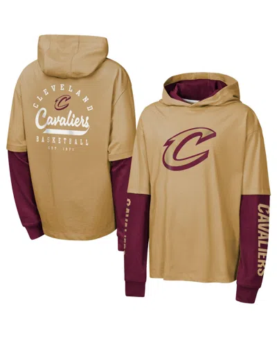 Outerstuff Kids' Big Boys' And Girls' Tan Cleveland Cavaliers Double Nickel Oversized Faux 2fer Hooded T-shirt