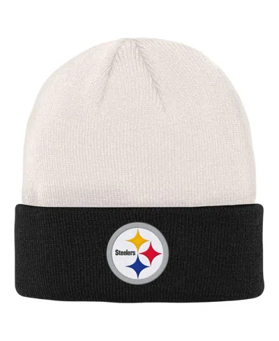 Outerstuff Kids' Big Boys Cream, Black Pittsburgh Steelers Bone Cuffed Knit Hat In Cream,black